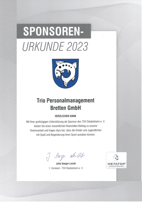 Sponsorenurkunde 2023 TSV Diedelsheim